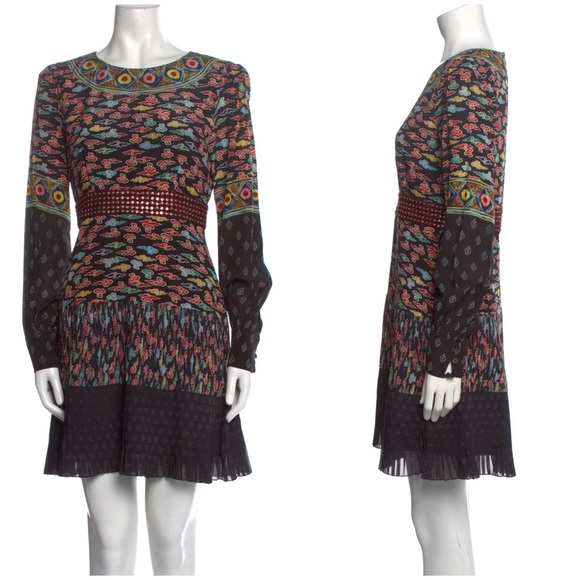 Saloni Vera Mini Silk Black Floral Patterned Pleated Skirt Zip Back Dress Size 0 - Picture 1 of 9